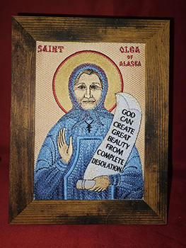 Embroidered icon of Saint Olga of Alaska by Lucas Hawkins.