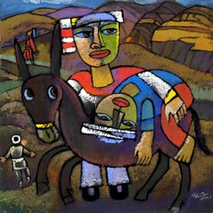 “The Good Samaritan” by He Qi (b.1951). He Qi is a contemporary artist whose work blends Chinese folk art and traditional painting with Western iconography and modern art.