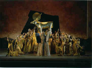 MOSES CONFRONTS GOLDEN CALF--Old Testament "Living Picture" in newly designed Oberammergau Passion Play. Photo: Brigitte Maria Mayer/&copy;Oberammergau 2000.
