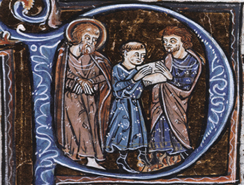 Decorated initial with Paul, Onesimus (delivering letter), and Philemon.