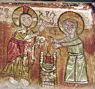 Samaritan woman at the well, wall painting, Church of St. Mary, 13th century, Ethiopia.